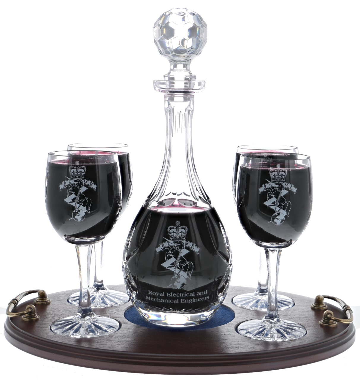 REME Crystal Wine Decanter with 4 Glasses on a Presentation Tray