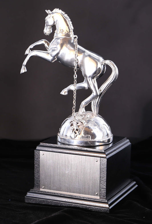 REME Rearing Horse in Polished Pewter on a Silver Globe