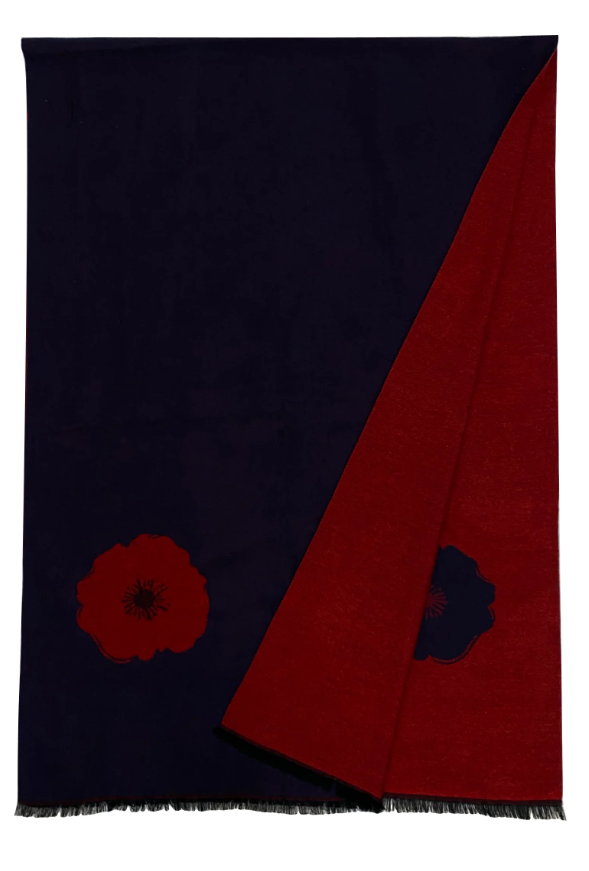 Large Poppy Print Wool Scarf - Navy