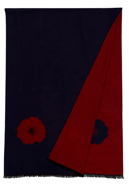Large Poppy Print Wool Scarf - Navy